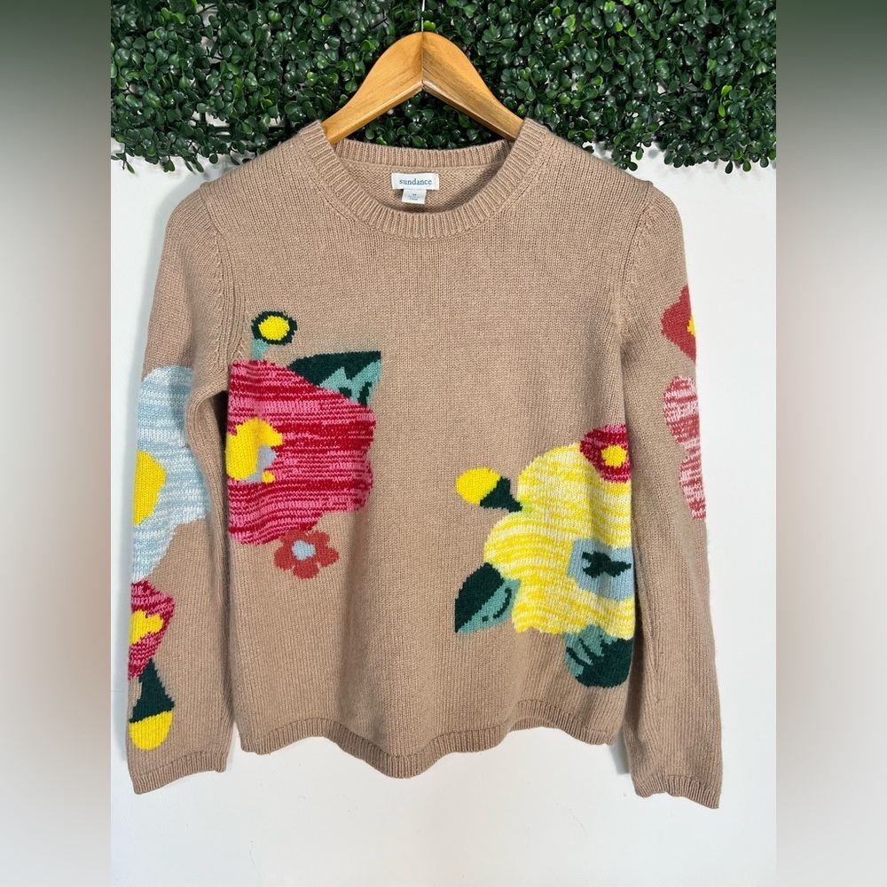 Sundance Winter Flowers Sweater Tan Floral Crewneck Lambswool Cashmere M